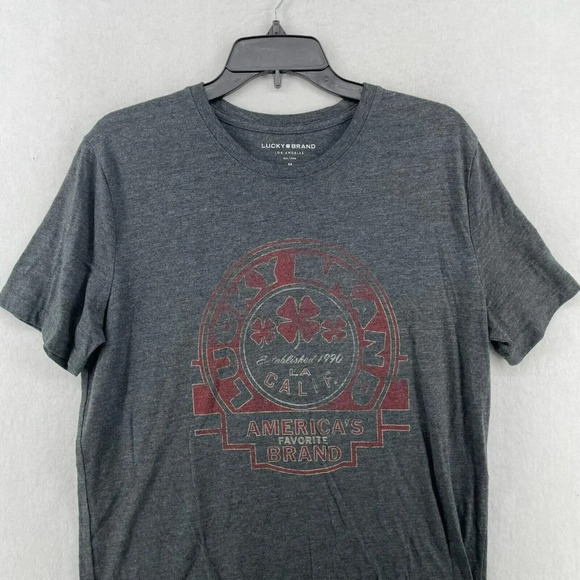 Lucky Brand T-Shirt Men Sz Medium Gray Red Logo Crew Neck Short Sleeve - Picture 6 of 11